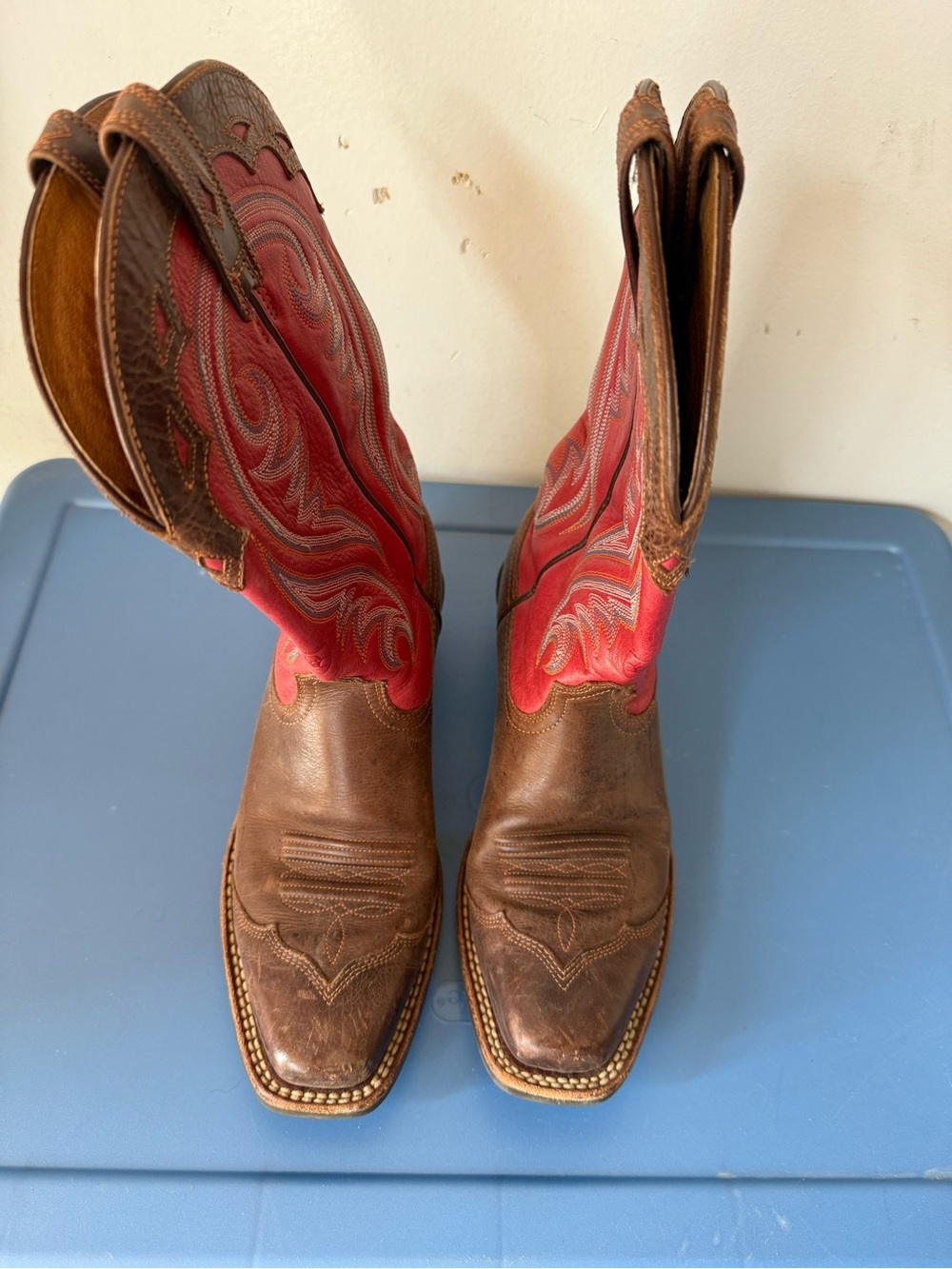 Ariat Brown Leather Cowboy Boots with Red Embroidered Shaft